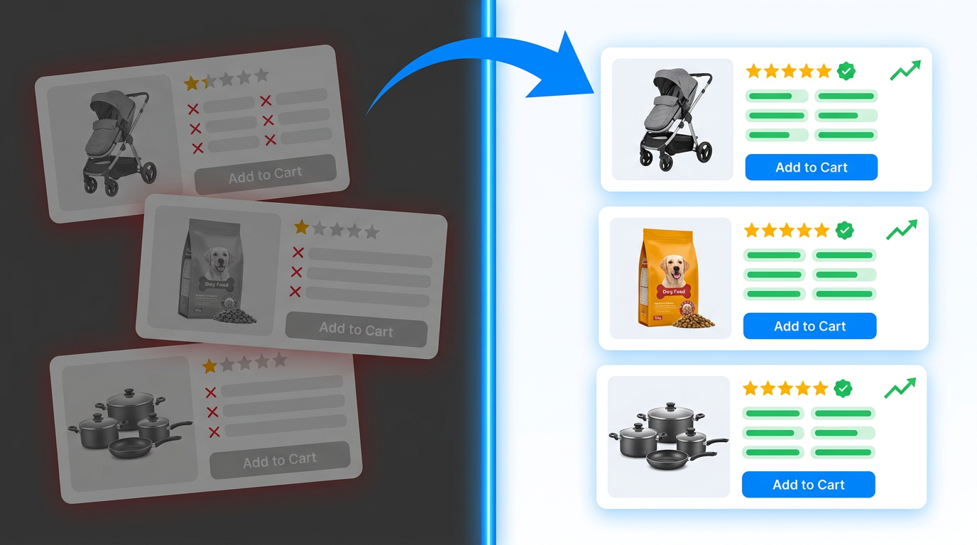 Walmart listing optimization before and after: cluttered low-rated product cards versus clean optimized listings with strong ratings and add-to-cart